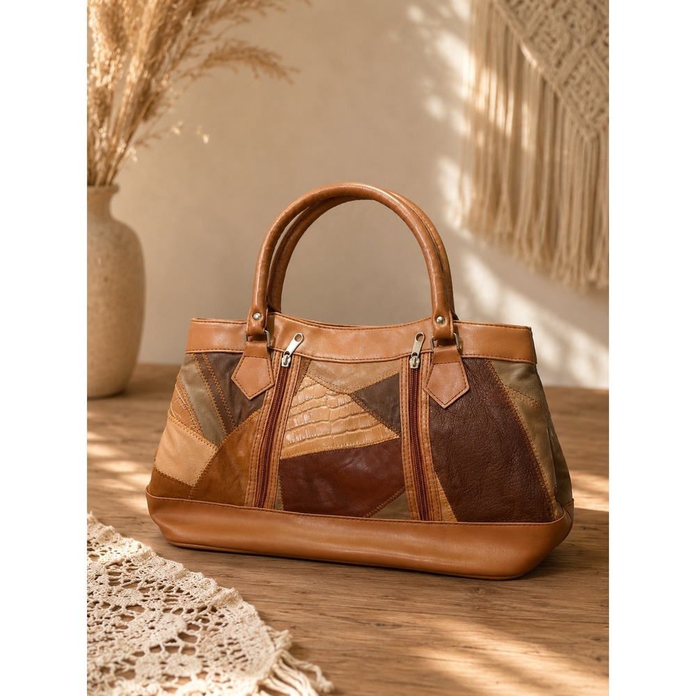 Patchwork Genuine Leather Satchel‎ Bag Brown Boho Handbag Purse 70s Western